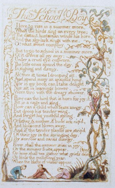 Školák, deska 27 ze Zpěvů nevinnosti, 1789 (reliéfní lept s wc) od William Blake