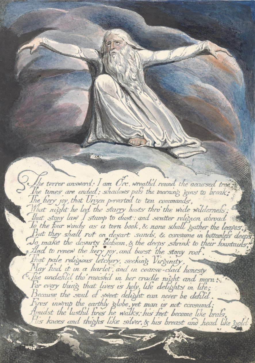 Teror odpověděl..., deska 10 z America: A Prophecy, 1793 (reliéfní lept vytištěný černě perem a inkoustem a wc) od William Blake