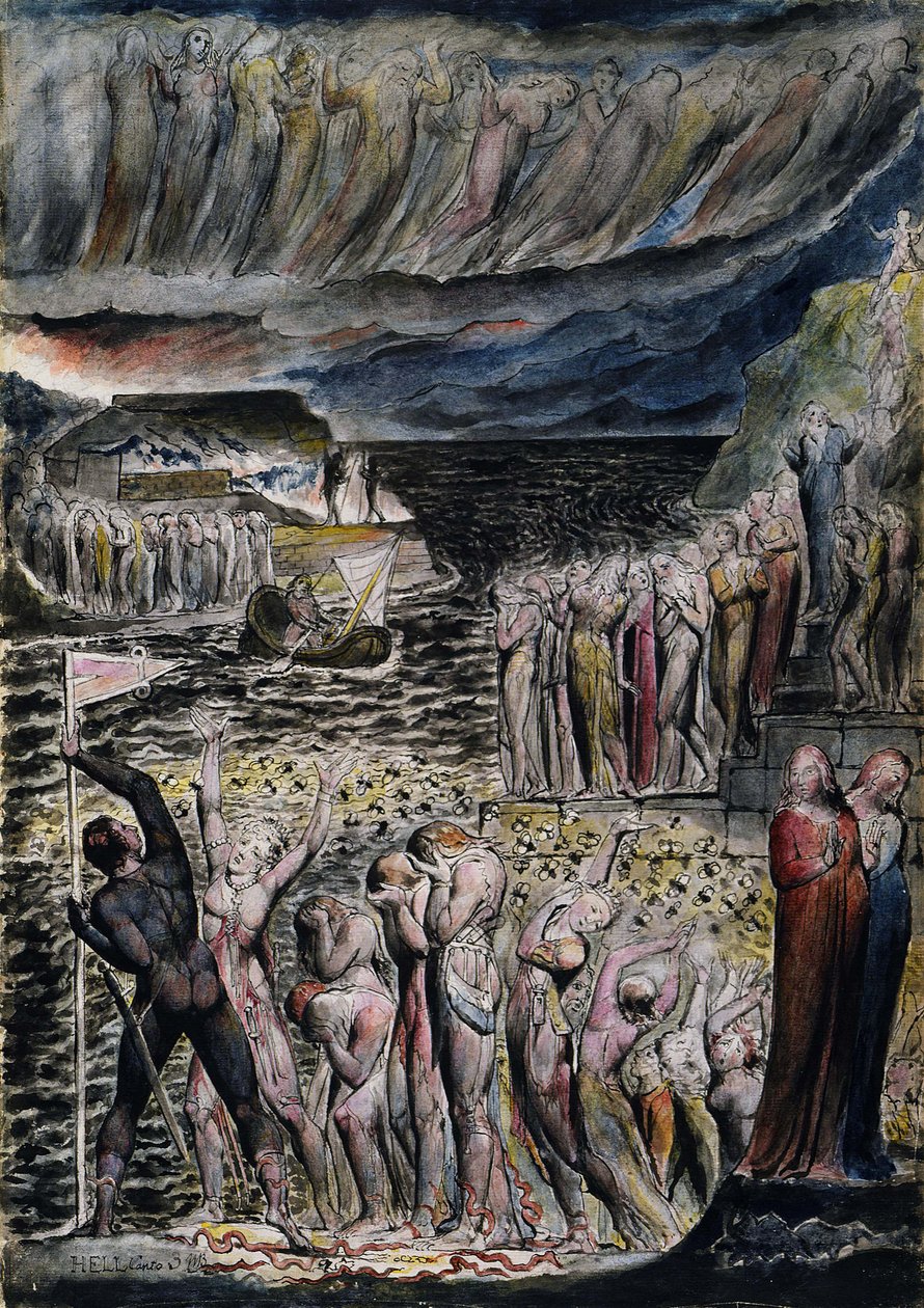Předsíň pekla a duše shromažďující se k přechodu přes Acheron od William Blake