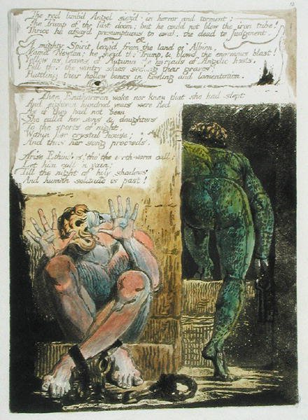 The red limbd Angel..., deska 15 z Evropy. A Prophecy, 1794 (reliéfní lept tištěný tmavě hnědou barvou s wc a olejem na papíře) od William Blake