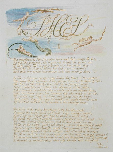 ThelIThe Daughters of Mne Seraphim..., deska 3 z The Book of Thel, 1789 (ručně kolorovaný reliéfní lept s perem a wc na papíře) od William Blake