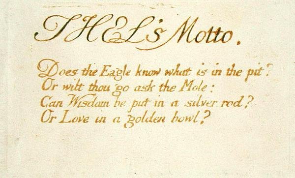 Thels Motto..., deska 1 z The Book of Thel, 1789 (ručně kolorovaný reliéfní lept perem a wc na papíře) od William Blake