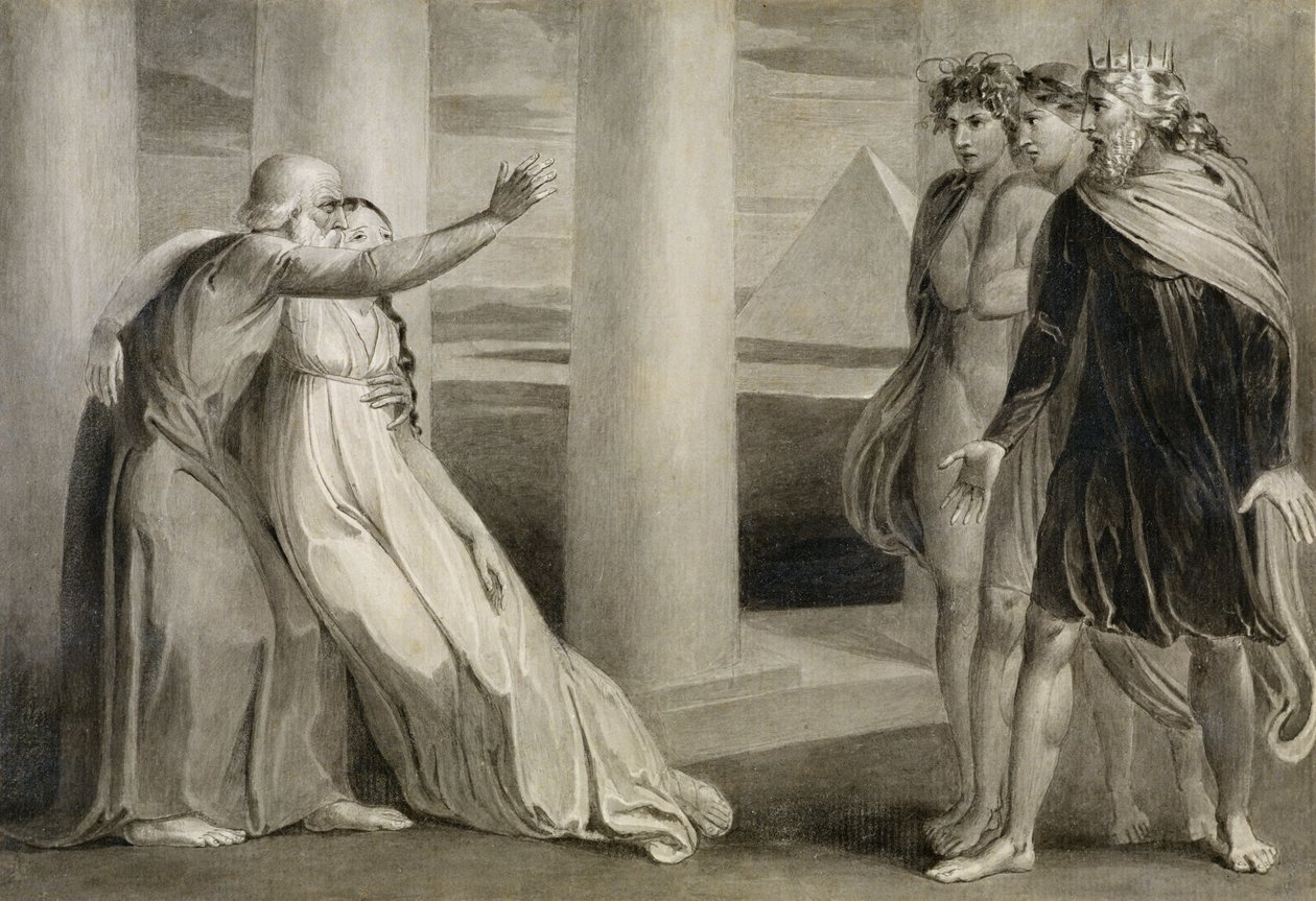 Tiriel Supporting the Dying Myratana and Cursing his Sons, 1786-89 (pero, inkoust a štětec na papíře) od William Blake