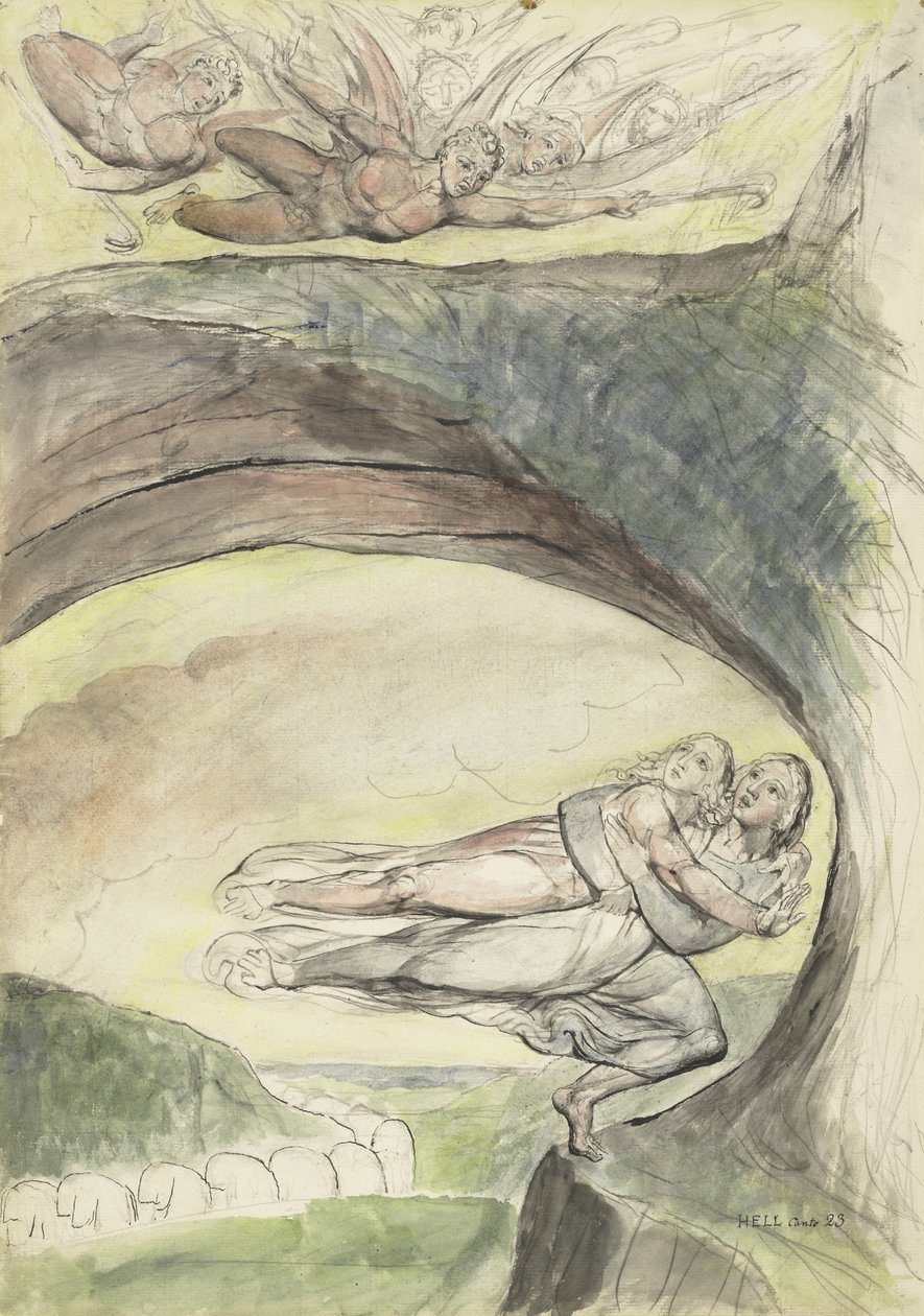 Virgil zachraňuje Danta před zlými démony, ilustrace k Božské komedii od Dante Alighieriho, 1824-27 (pero a inkoust s wc přes tužku a křídu na papíře) od William Blake