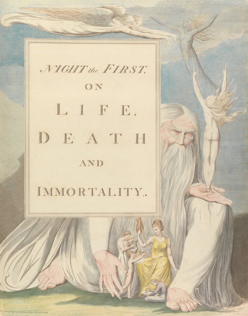 Myšlenky na noc mladých, titulní stránka, noc první, o životě, smrti a nesmrtelnosti. od William Blake