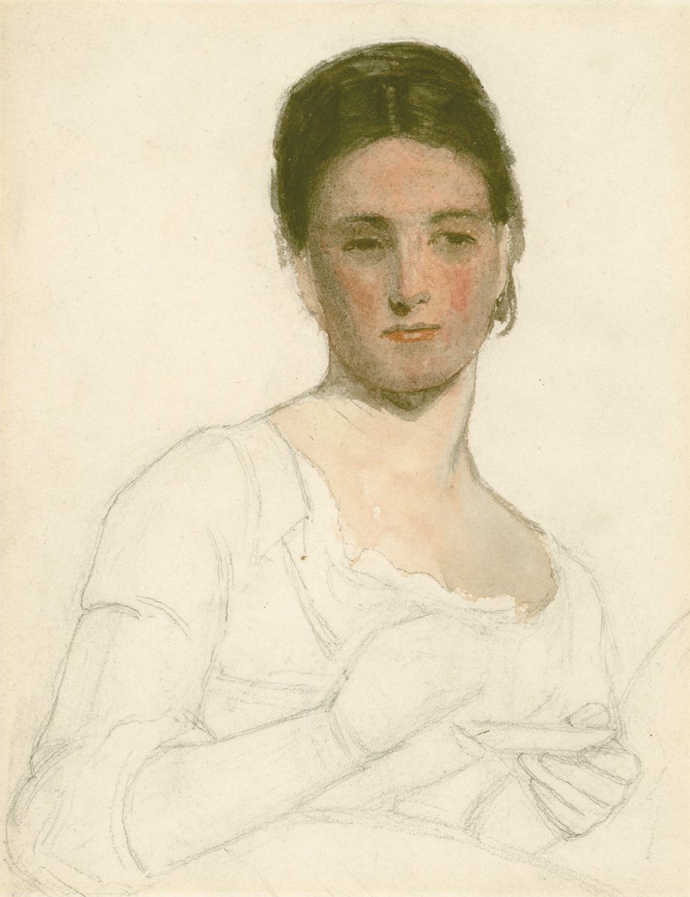 Náčrt mladé ženy držící šálek s podšálkem, cca 1875 (tužka a wc na papíře) od William Morris