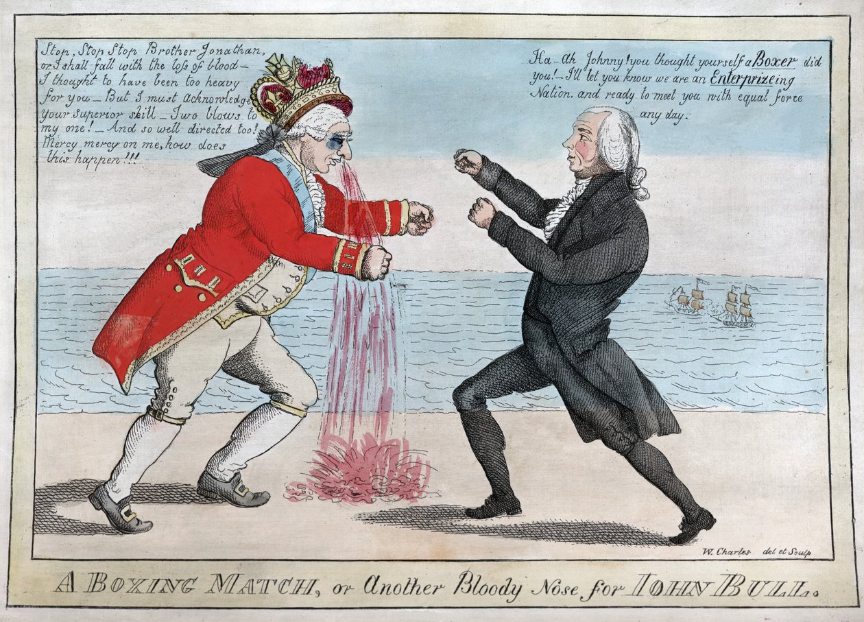 Boxerský zápas aneb další krvavý nos pro Johna Bulla, hospoda. 1813 (ručně kolorovaná rytina) od William Charles