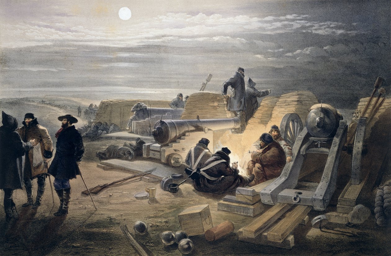 A Quiet Night in the Batteries, deska z „The Seat of War in the East“, vydané nakladatelstvím Colnaghi and Co., 1856 od William Crimea Simpson