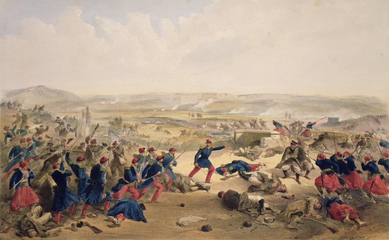 Bitva u Černé, 16. srpna 1855, deska z knihy "The Seat of War in the East", vyd. Paul und Dominic Colnaghi und Co., 1856. od William Crimea Simpson