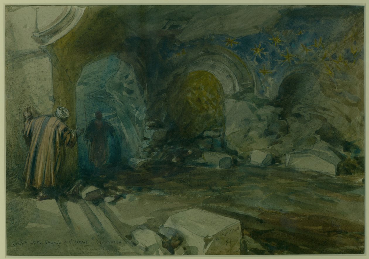 Krypta kostela sv. Anny, Jeruzalém, 1872 (wc a tužka na papíře) od William Crimea Simpson