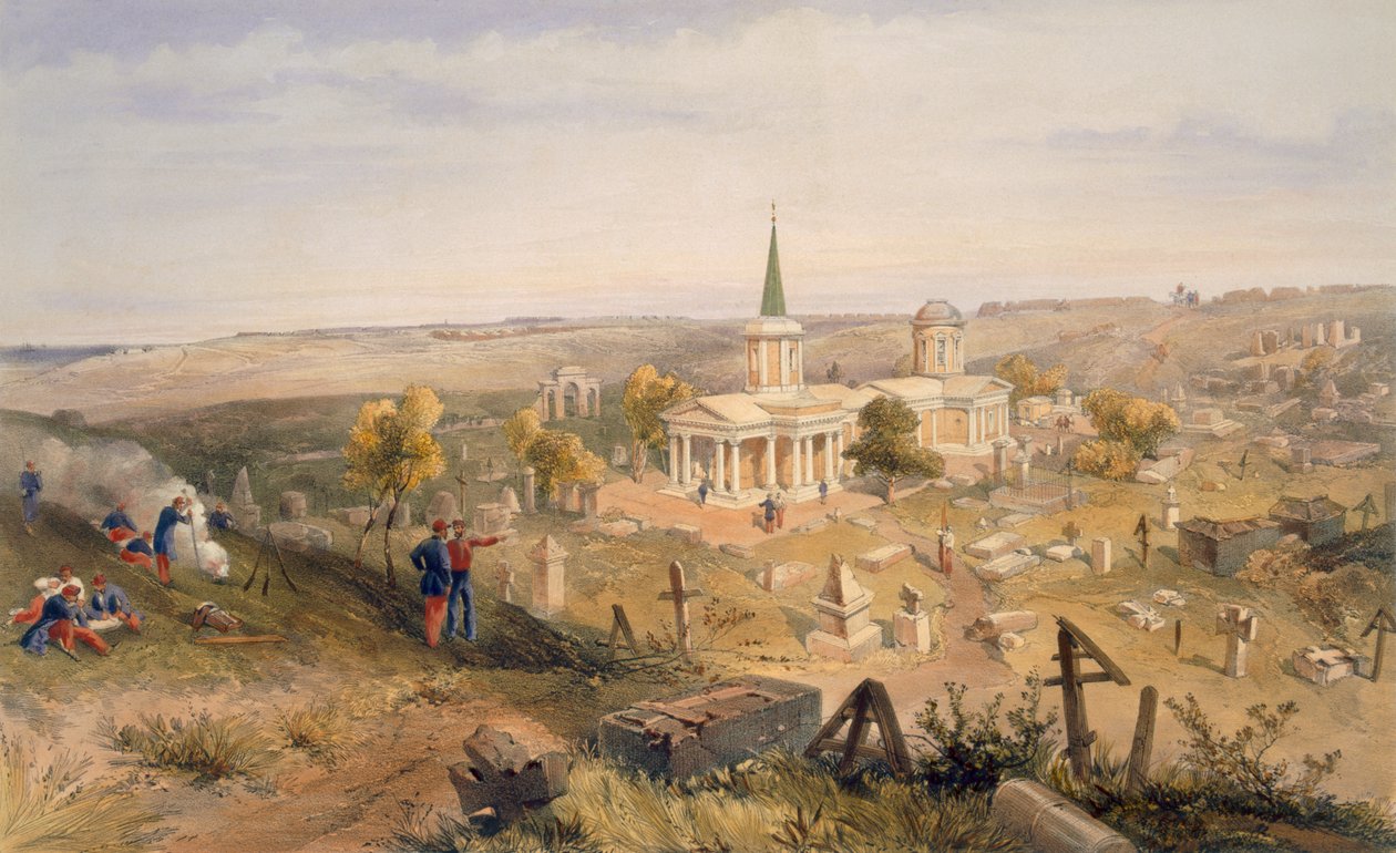 Karanténní hřbitov a kostel, deska z knihy "The Seat of War in the East", vyd. Paul und Dominic Colnaghi und Co., 1856. od William Crimea Simpson