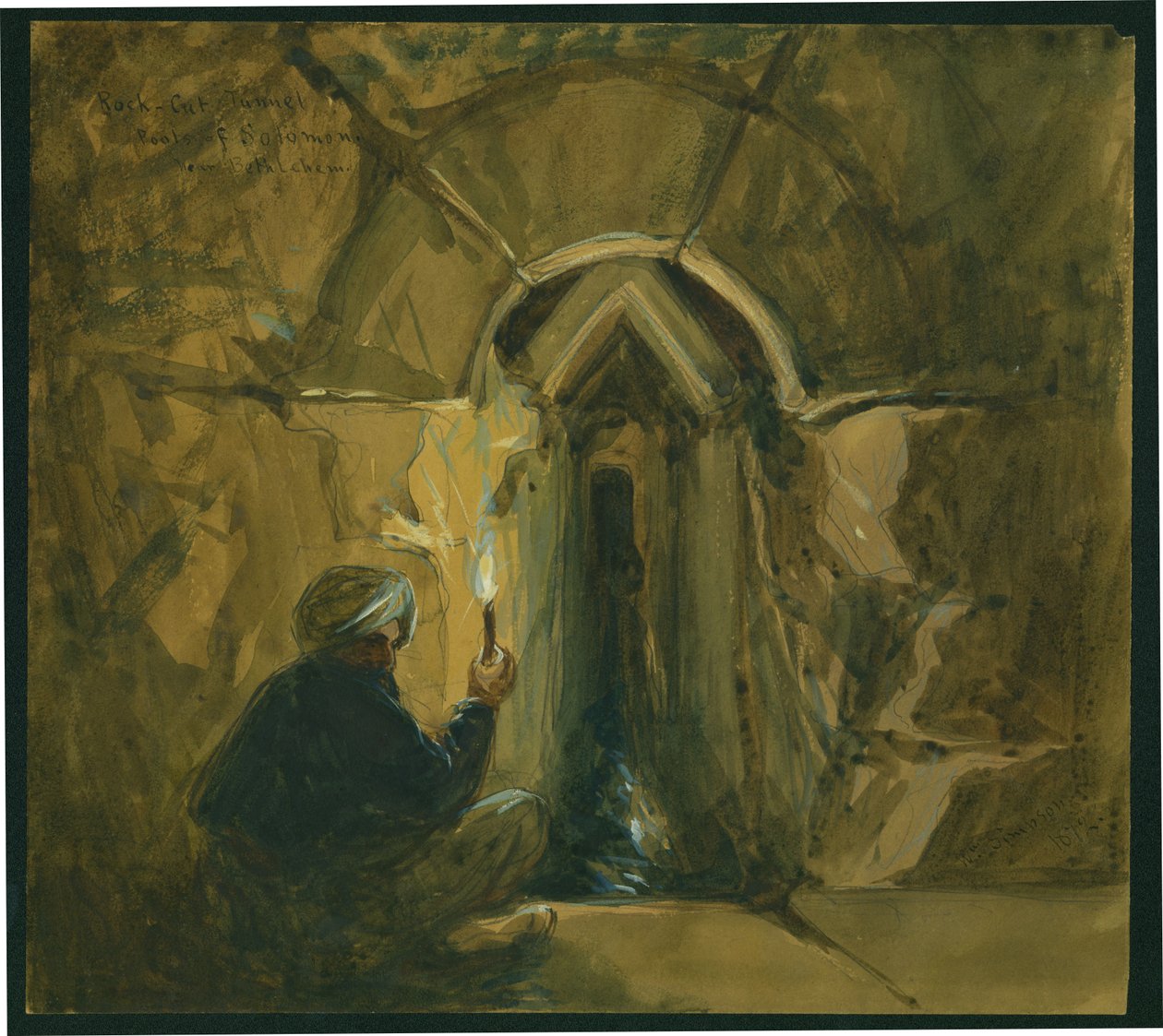 Skalní tunel, Šalamounova jezírka, poblíž Betléma, 1872 (čb a tužka na papíře) od William Crimea Simpson