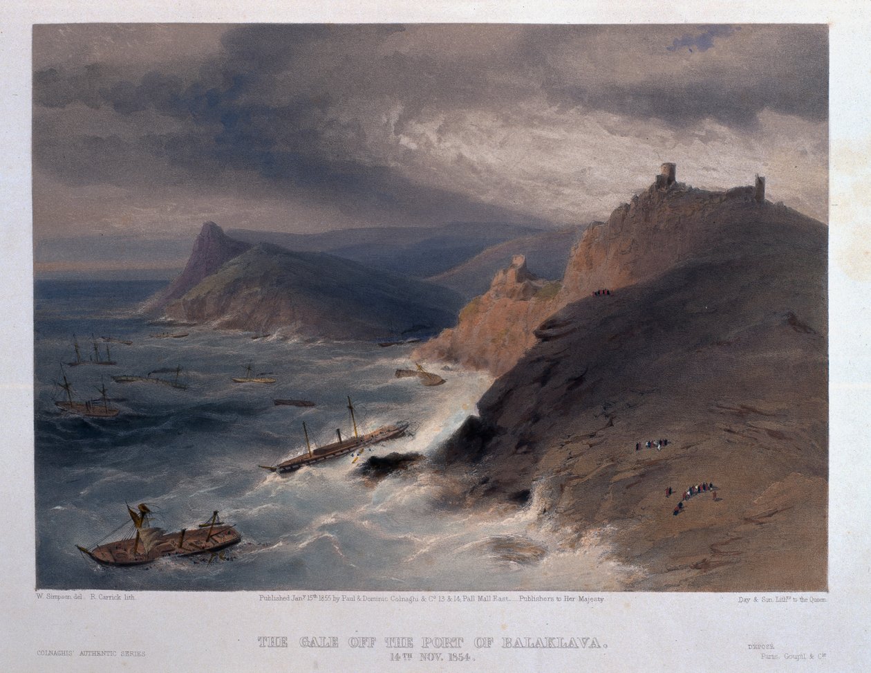 Vichřice u přístavu Balaklava, 14. listopadu 1854, vyrytý R. Carrickem, z „The Seat of War in the East – First Series“, vydané nakladatelstvím Colnaghi und Co., 1855 od William Crimea Simpson