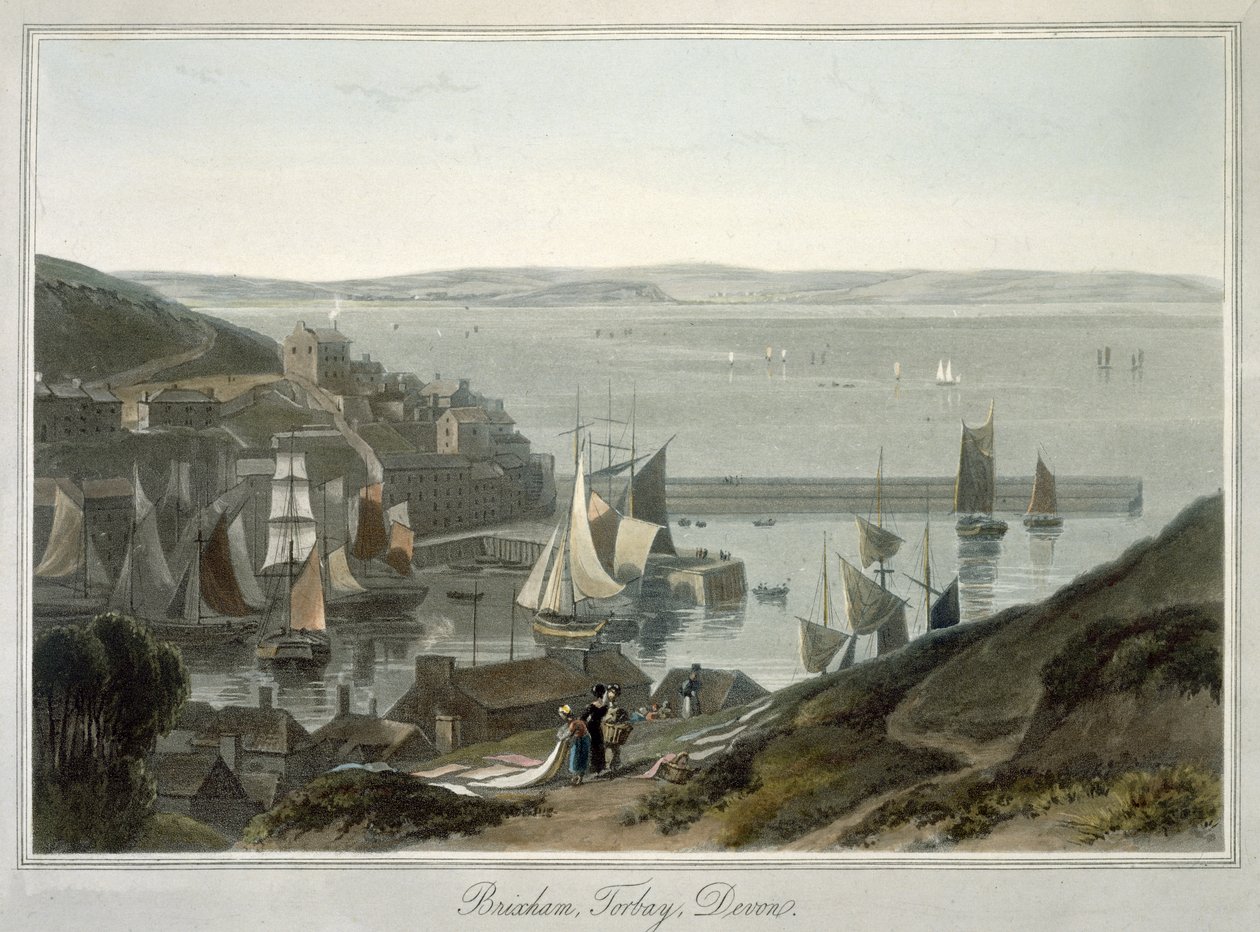 Brixham, Torbay, Devon, ze svazku VIII „Cesta kolem Velké Británie uskutečněná mezi lety 1814 a 1825“, publikovaná v roce 1825 (akvatinta) od William Daniell