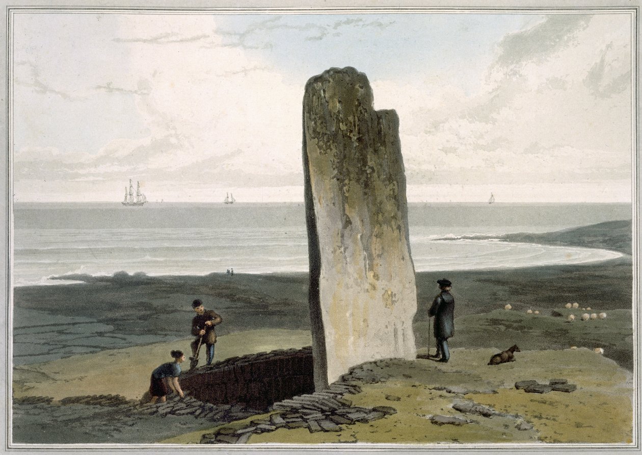 Druidický kámen ve Stratheru poblíž Barvas, Isle of Lewis, ze IV. dílu „Cesta kolem Velké Británie uskutečněná mezi lety 1814 a 1825“, publikovaná v roce 1820 (akvatinta) od William Daniell