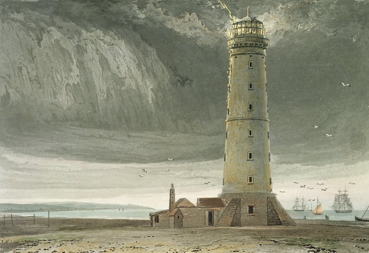 Dungeness Lighthouse, z „Cesta kolem Velké Británie uskutečněná mezi lety 1814 a 1825“, vydáno 1829 (ručně kolorovaná rytina) od William Daniell