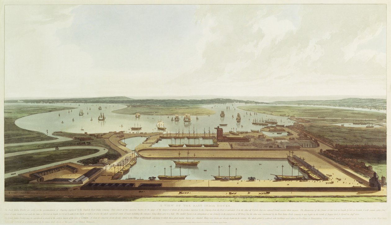 New Dock, Wapping, 1808 (ručně kolorovaná akvatinta) od William Daniell