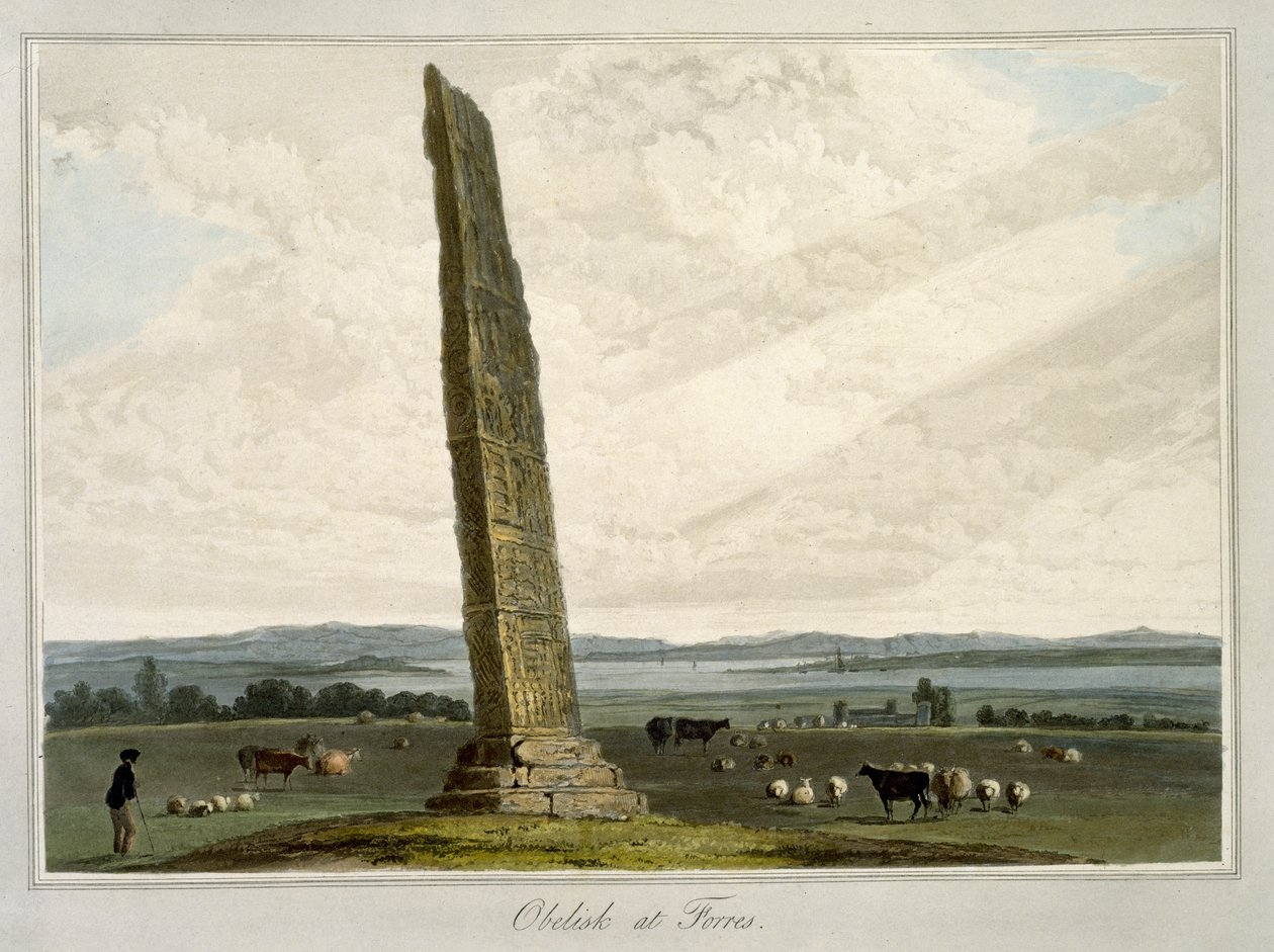 Obelisk ve Forres, z „Cesta kolem Velké Británie uskutečněná mezi lety 1814 a 1825“, vydaná v roce 1821 od William Daniell