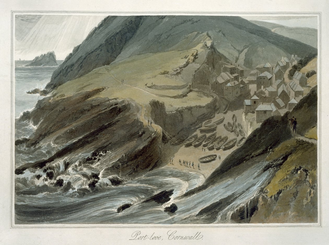 Port Looe, Cornwall, z knihy "Cesta kolem Velké Británie podniknutá mezi lety 1814 a 1825" (akvatinta) od William Daniell