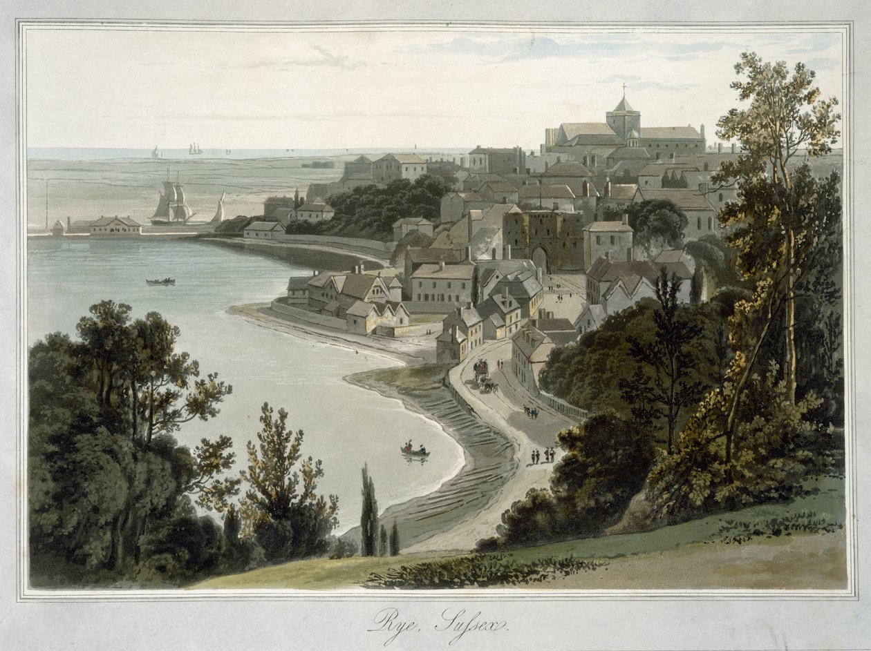 Rye, East Sussex, z „Cesta kolem Velké Británie uskutečněná mezi lety 1814 a 1825“, publikovaná v roce 1823 od William Daniell