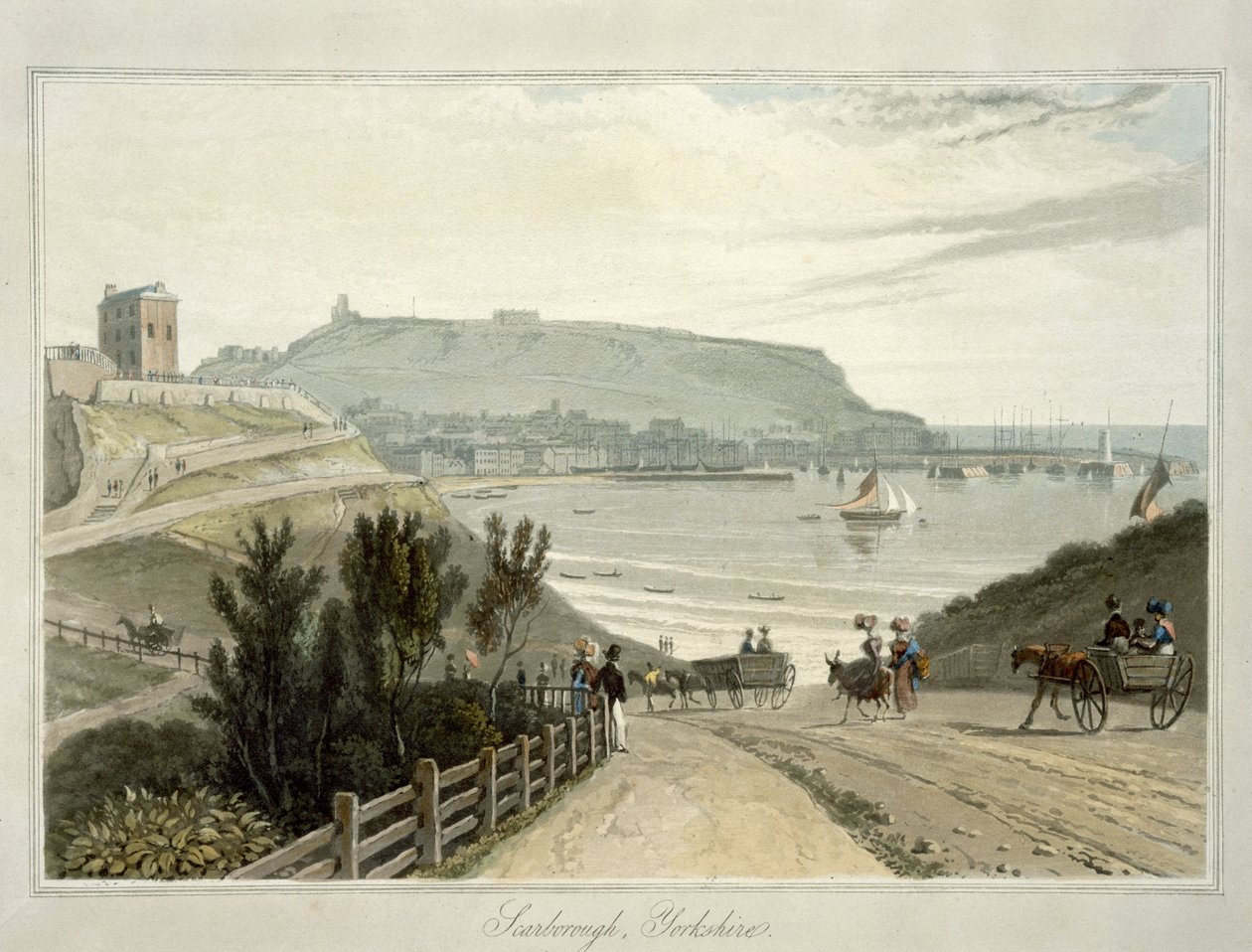Scarborough, Yorkshire, ze svazku VI „Cesta kolem Velké Británie uskutečněná mezi lety 1814 a 1825“, publikovaná v roce 1822 (akvatinta) od William Daniell