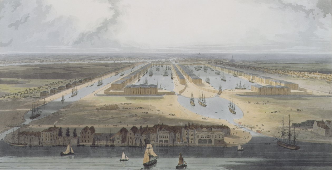 West India Trade Docks, z „Six Views of the London Docks“, 1802 (barevná akvatinta) od William Daniell