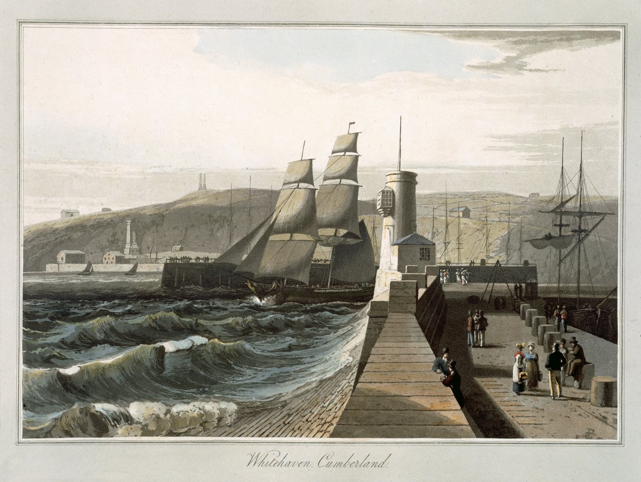 Whitehaven, Cumberland, z knihy "Cesta kolem Velké Británie podniknutá mezi lety 1814 a 1825" (akvatinta) od William Daniell
