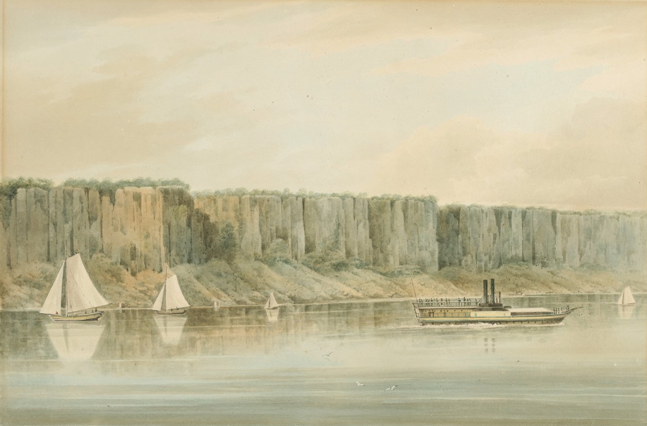 Pohled na Palisady, New Jersey: Přípravná studie pro desku 19 z portfolia Hudson River PortFolio, 1820 (Akvarel, grafit a škrábání s doteky kvaše na papíře, položený na kartě.) od William Guy Wall