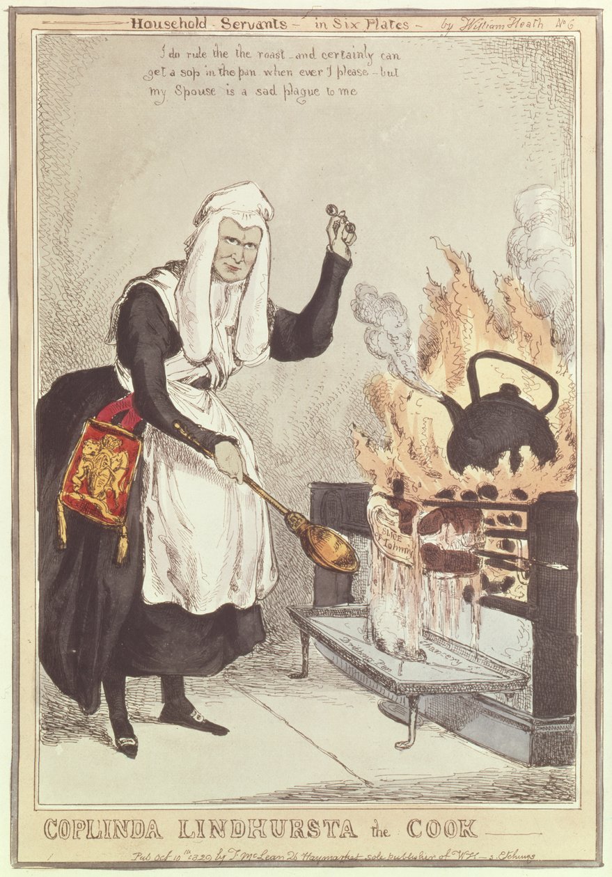 Kuchařka Coplinda Lindhursta, č. 6 ze série Sluhové v domácnosti, vydané v roce 1829 od William Heath