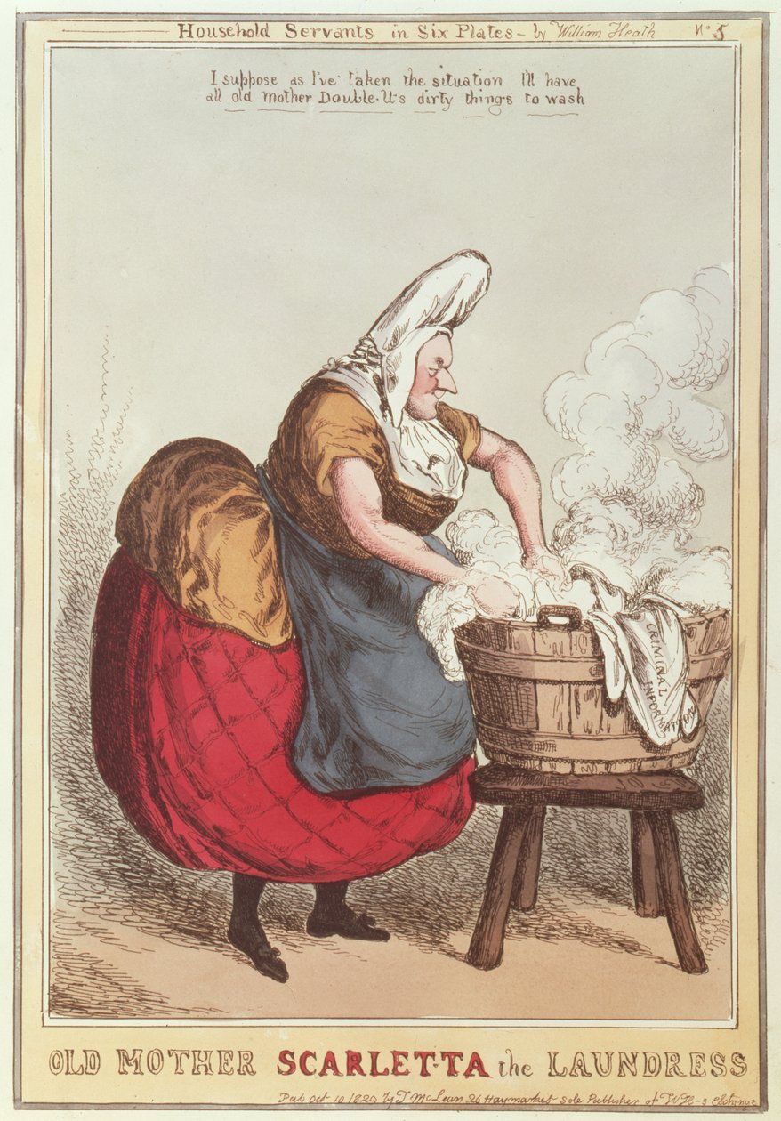 Stará matka Scarletta pradlena, č. 5 ze série Sluhové v domácnosti, vydané v roce 1829 od William Heath
