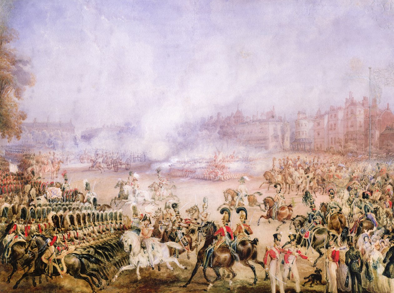 Queen Victorias Accession Day Salute, Hyde Park, Londýn, 1837 (tužka, arabská guma, wc a kvaš na papíře) od William Heath