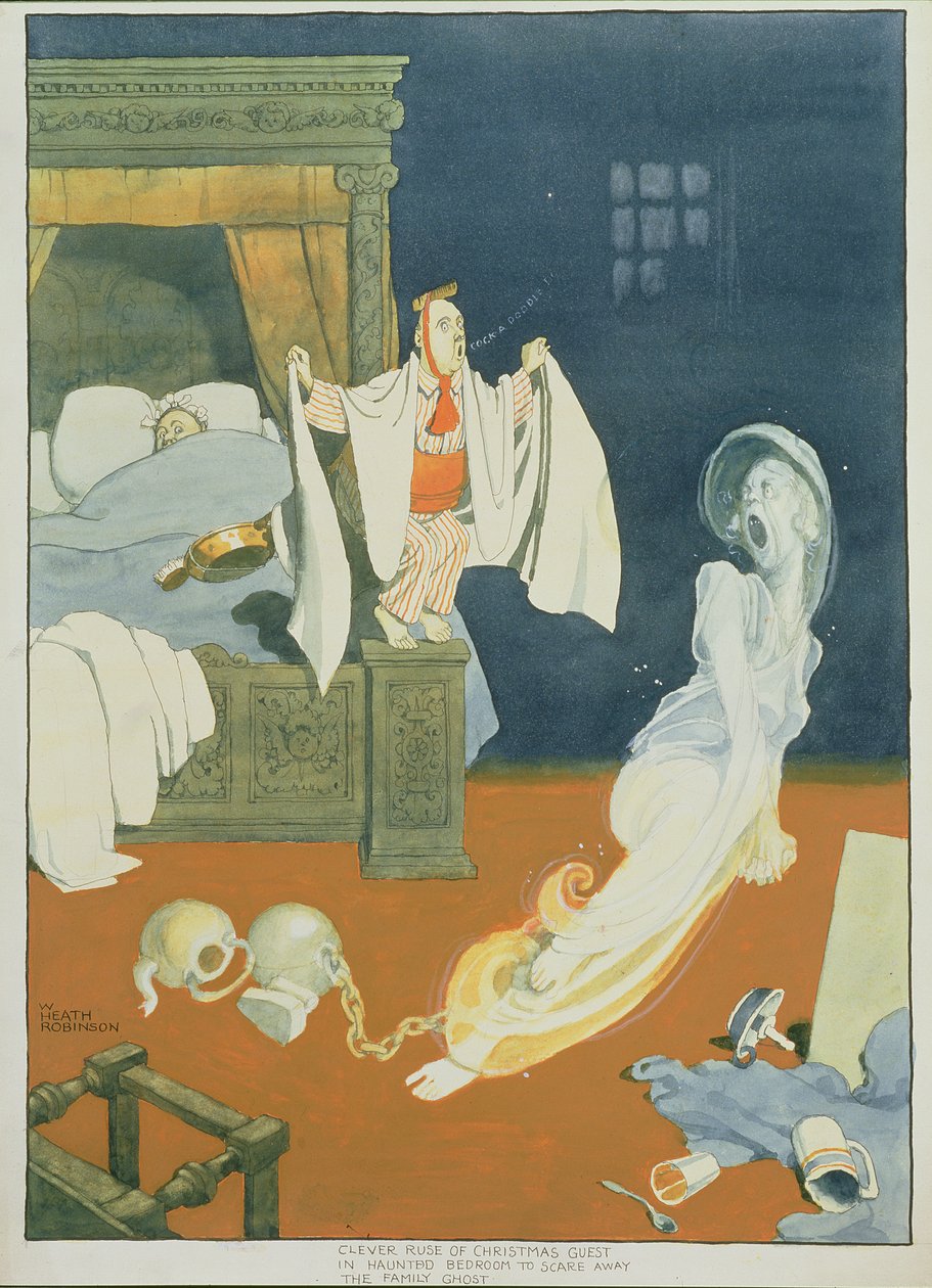 Chytrá lest vánočního hosta ve strašidelné ložnici k zastrašení rodinného ducha (pero, inkoust a wc na papíře) od William Heath Robinson