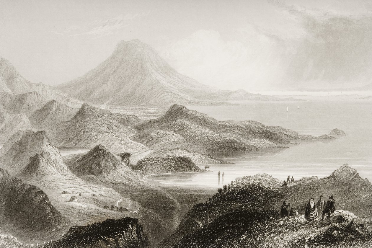 Lough Conn a Mount Nephin, hrabství Mayo, Irsko, z „Scenery and Antiquities of Ireland“ od George Virtue, 60. léta 19. století od William Henry Bartlett