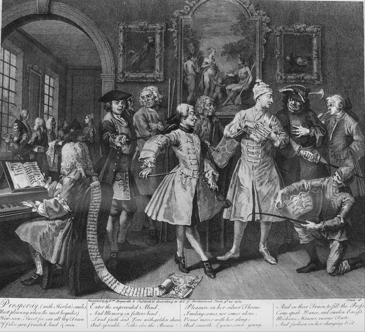 Hrábě Progress, deska 2, obklopená umělci a profesory od William Hogarth