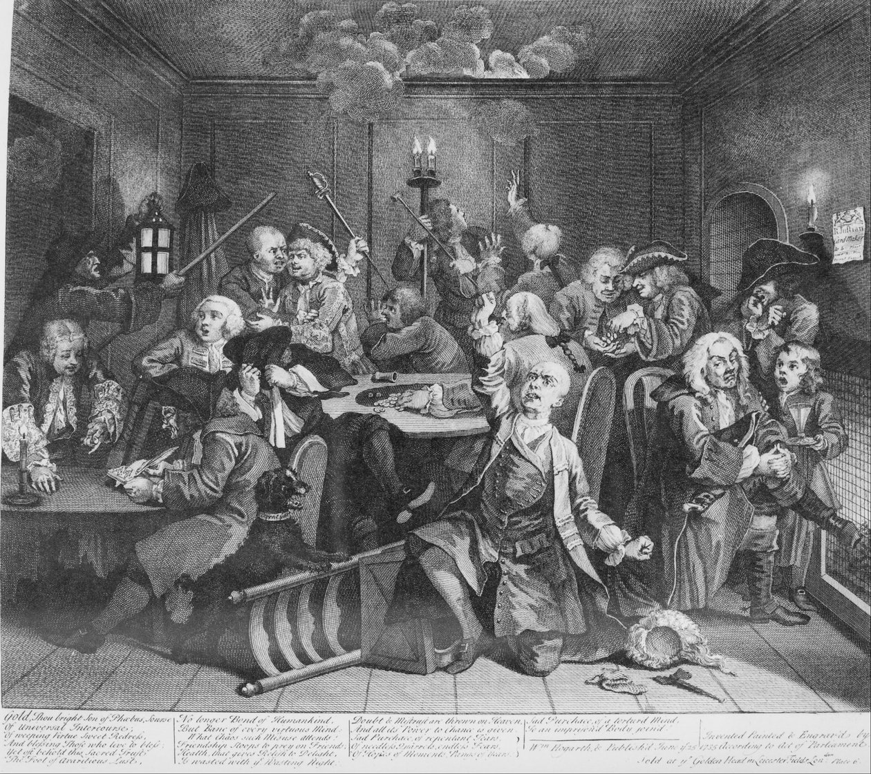 Hrábě Progress, talíř 6, scéna v herním domě od William Hogarth