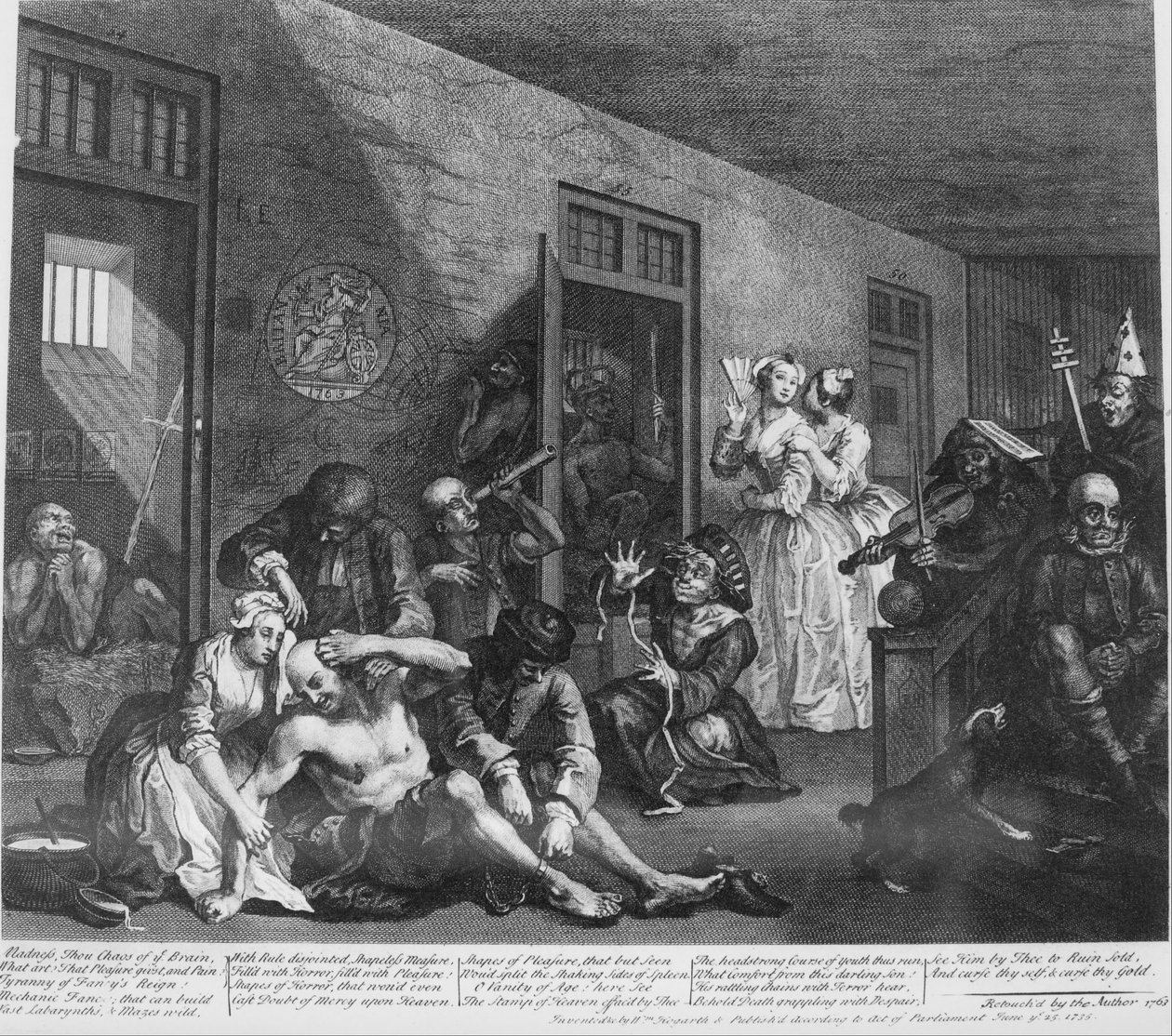 Hrábě Progress, talíř 8, v blázinci od William Hogarth