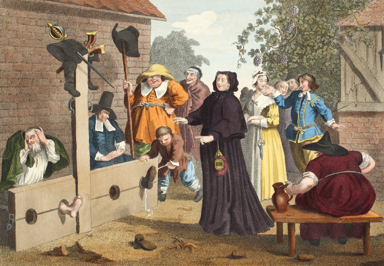 Hudibras a Ralpho na pranýři, z knihy "Hudibras" od Samuela Butlera (1612-80, ilustrace z knihy "Hogarth Restored: Hogartha (The Whole Works of the celebrated William Hogarth, re-engraved by Thomas Cook), vyd. od William Hogarth