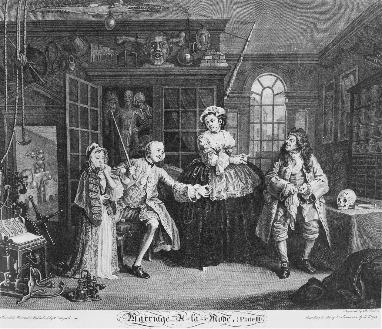 Manželství à la Mode, talíř 3, (scéna s šarlatánem) od William Hogarth