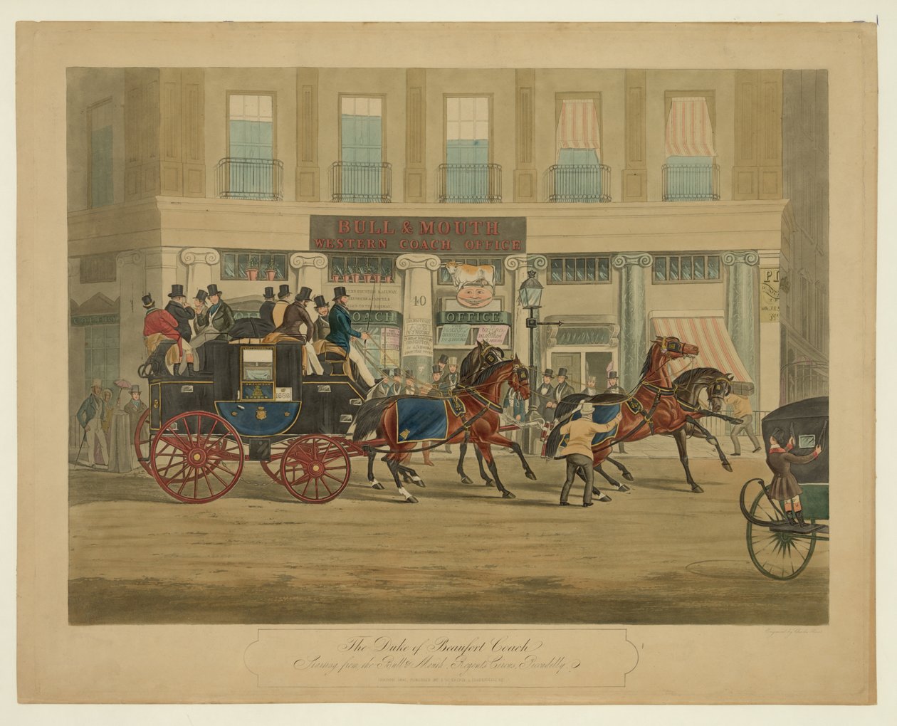 Trenér vévody z Beaufortu, počínaje Bull & Mouth, Regents Circus, Piccadilly, hospoda. 1841 (ručně kolorovaná akvatinta) od William Joseph Shayer