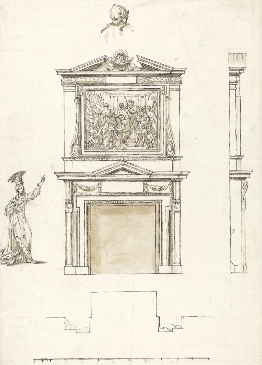 Design for Chimney Piece in the Hall at Stowe, c.1733 (pero a inkoust s překrytím grafitem na papíře) od William Kent