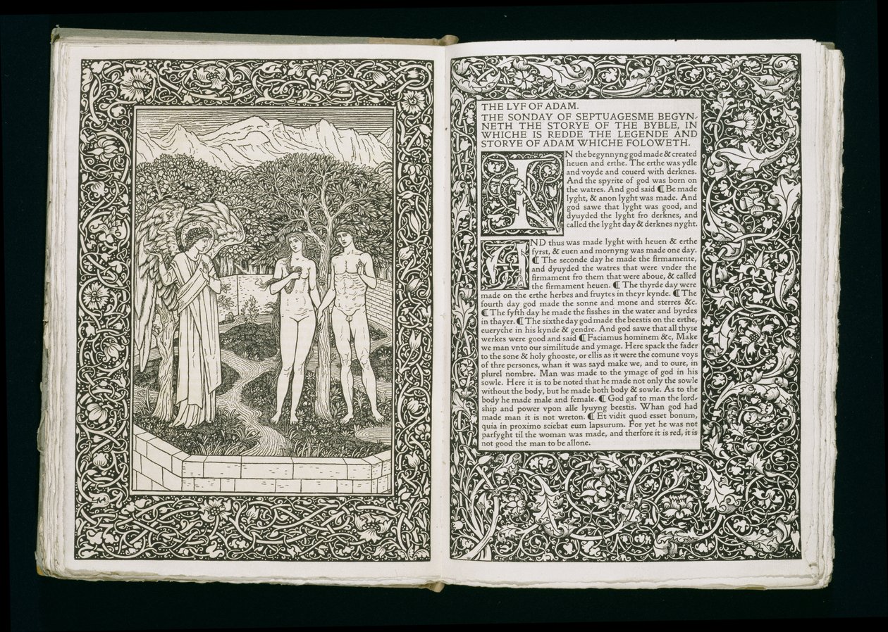 Adam a Eva, z „The Kelmscott Chaucer“, vydané nakladatelstvím Kelmscott Press, 1896 od William Morris