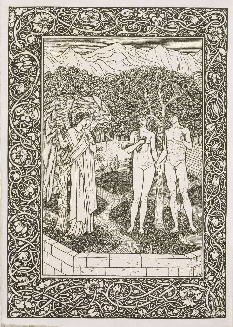 Adam a Eva, z „The Kelmscott Chaucer“, vydané nakladatelstvím Kelmscott Press, 1896 od William Morris