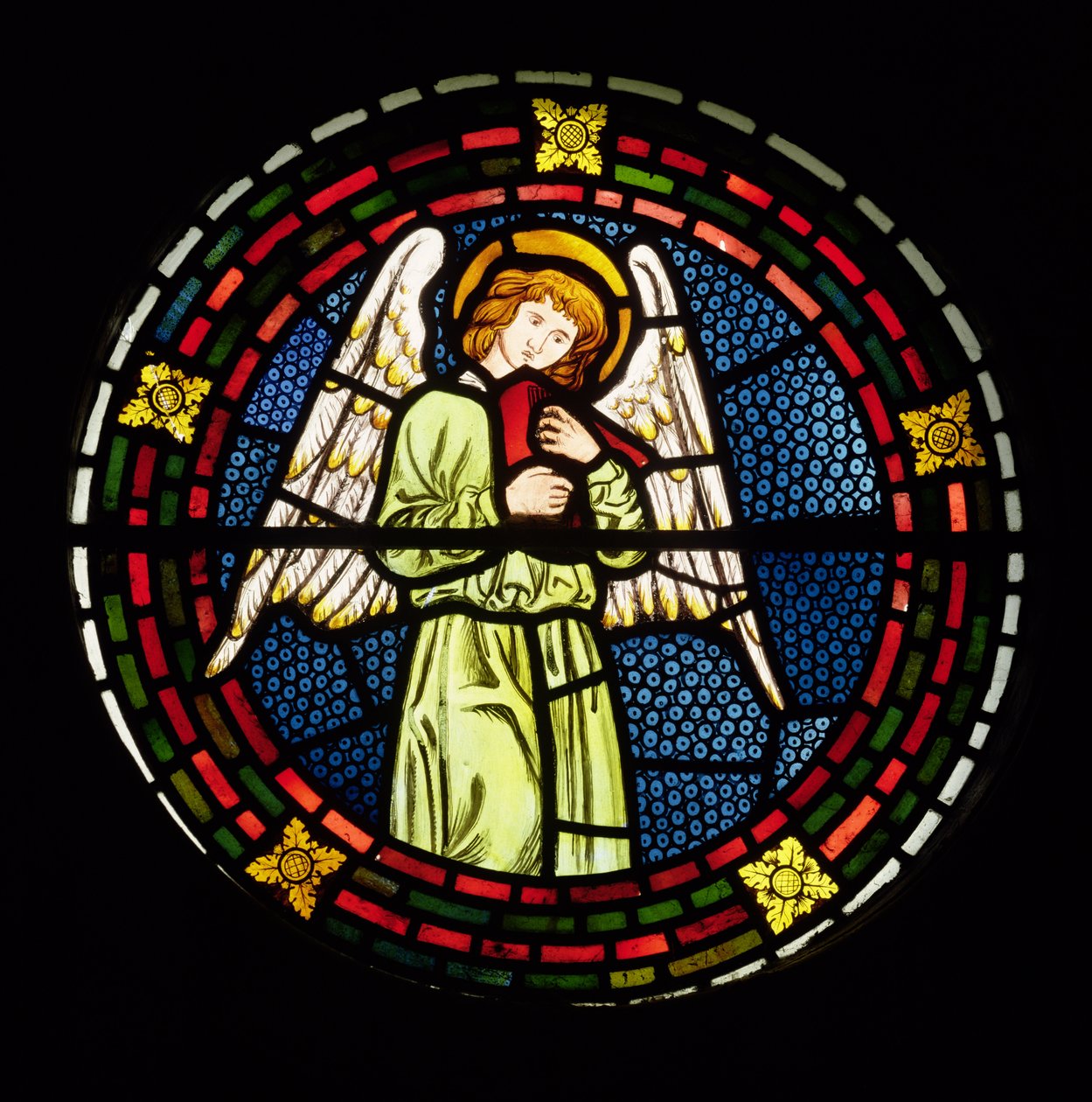Anděl s cimbálem, z apsidy kněžiště, 1861 (vitráže) od William Morris