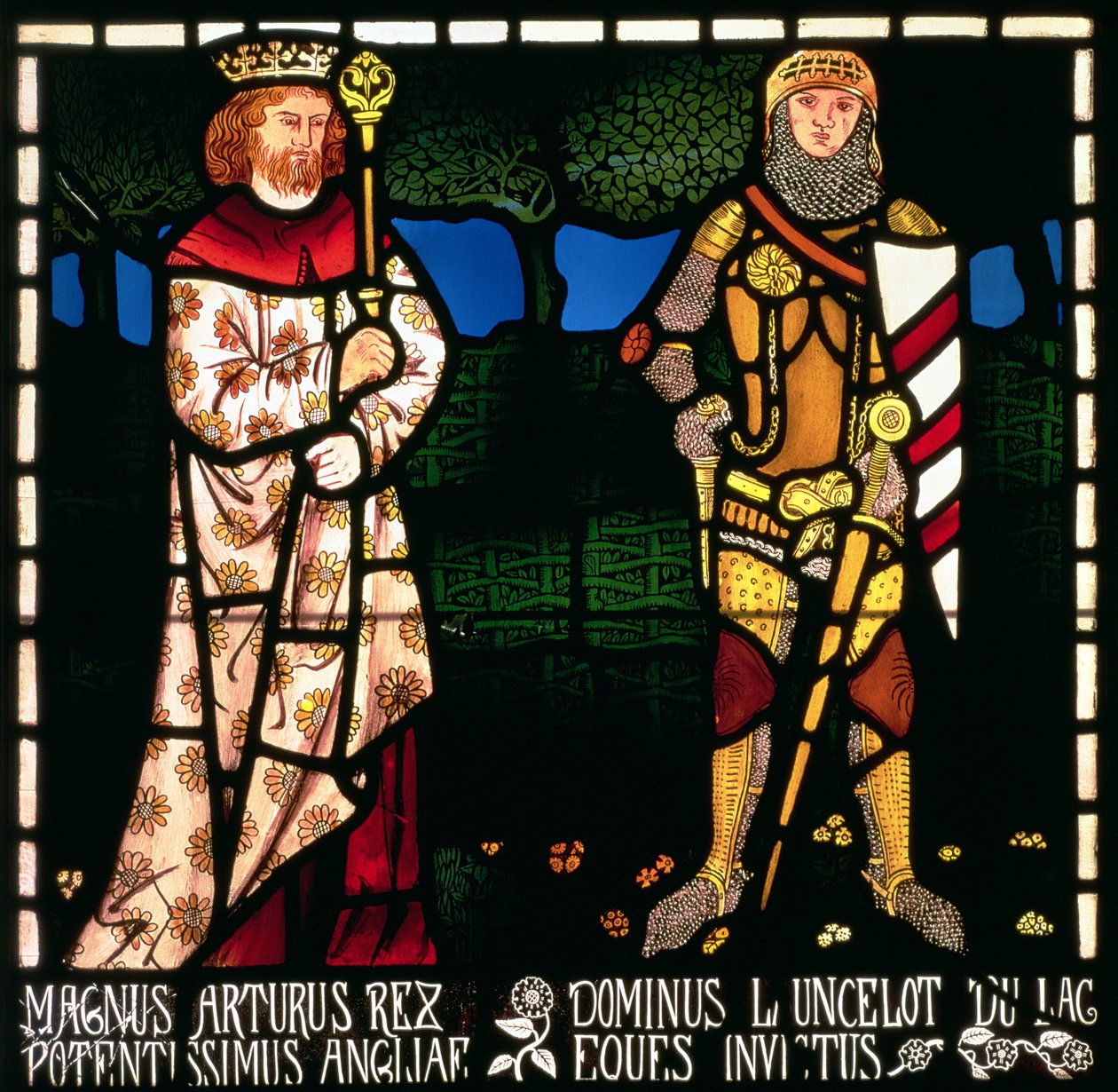 Král Artuš a sir Lancelot, 1862 (vitráž) od William Morris
