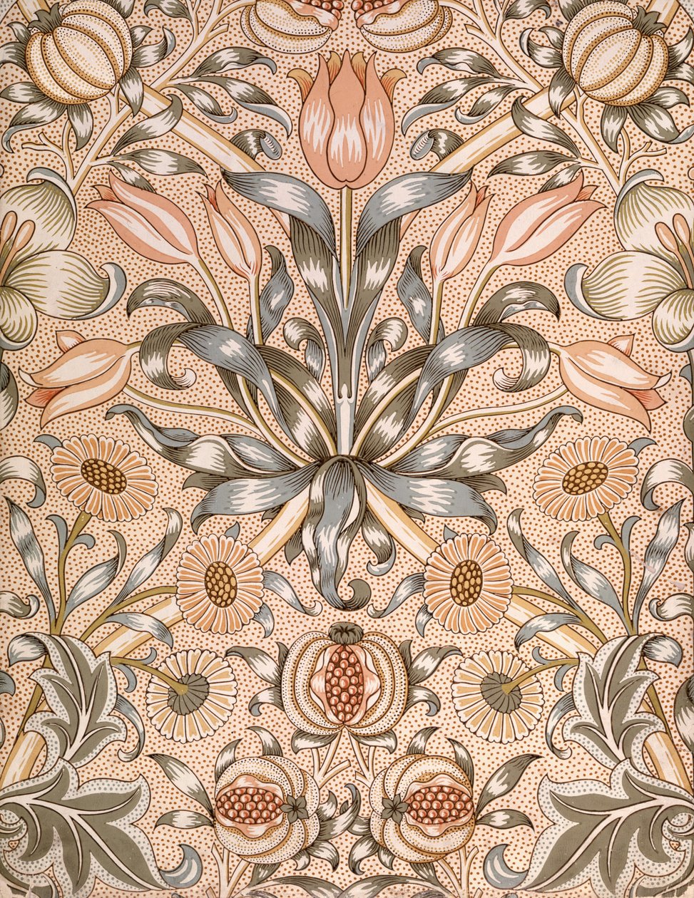 Design tapety lilie a granátového jablka, 1886 (barevný dřevořez na papíře) od William Morris