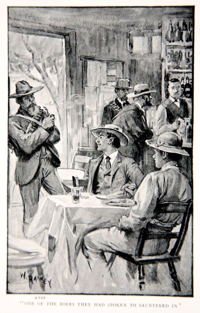 Jeden z Búrů, se kterými mluvili, se potuloval, ilustrace z „S Robertsem do Pretorie: Příběh jihoafrické války“ od G.A. Henty, hospoda. Londýn, 1902 od William Rainey