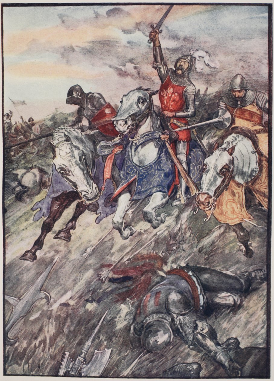 "They Rushed Into The Fray Like Madmen Bent Upon Sudden Death", deska z knihy "The Story of France", Mary MacGregor, 1920 (kolorovaná litografie) od William Rainey
