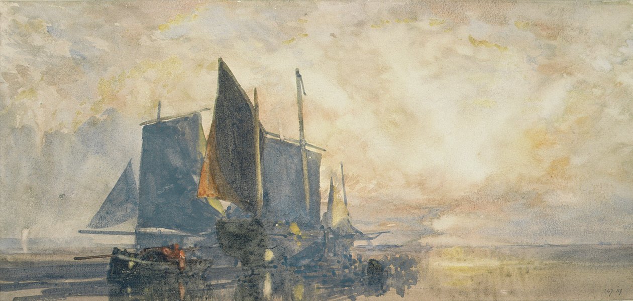 Rybářské lodě v Anchor: Západ slunce, 19. století (akvarel) od William Roxby Beverly
