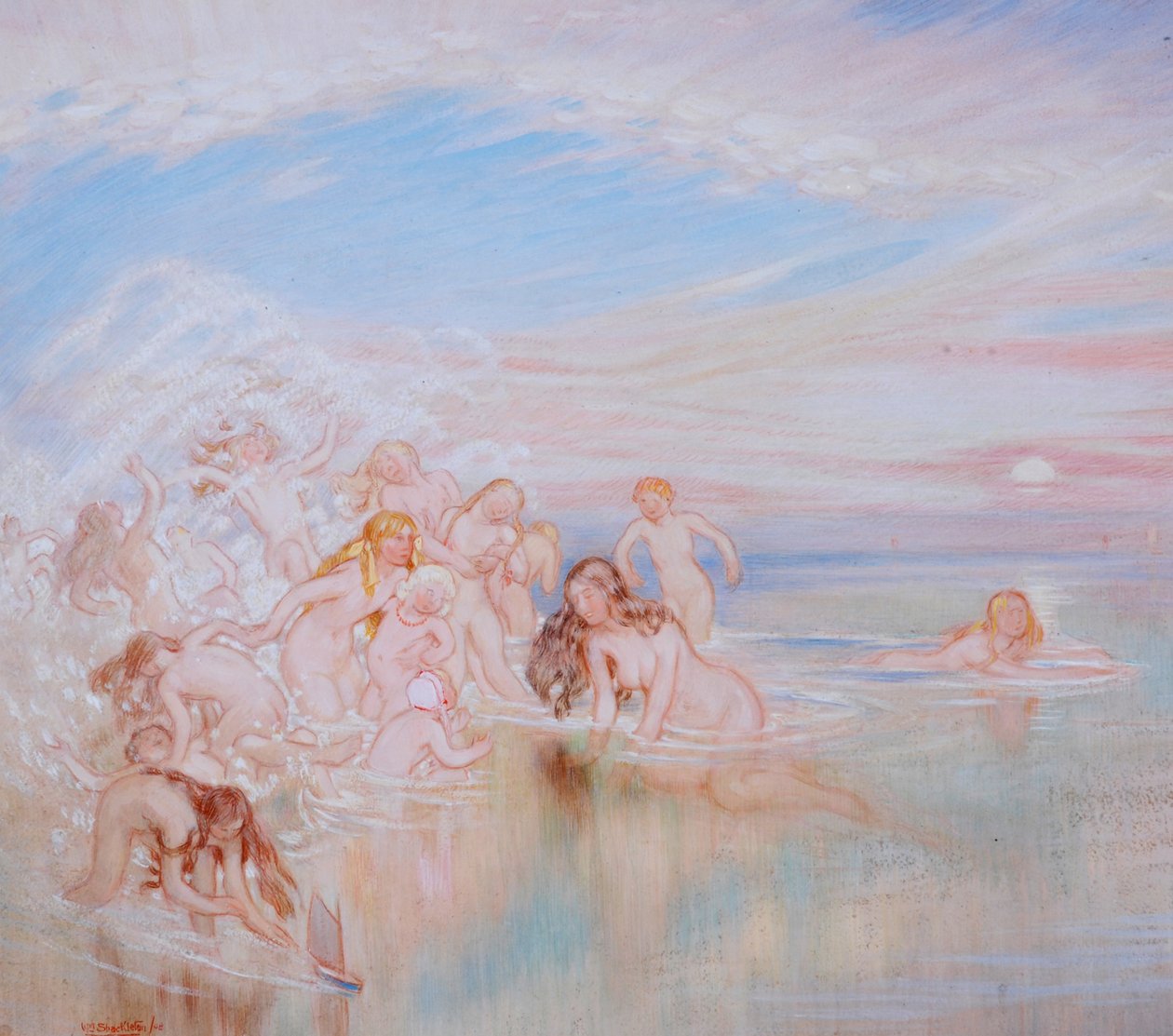 Nymfy na břehu moře, 1908 (olej a kvaš na papíře) od William Shackleton
