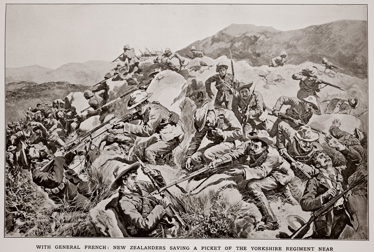 S generálem Frenchem: Novozélanďané zachraňují 15. ledna hlídku Yorkshire Regiment poblíž Slingersfonteinu z náčrtu G.D. Gilese (fl. 1890) od William Small